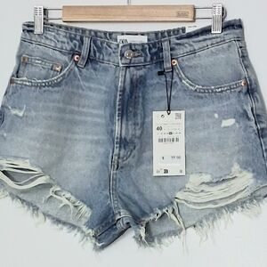 Zara Distressed Denim Shorts Size 8 Blue Zip Up High Rise Cowgirl Summer NEW